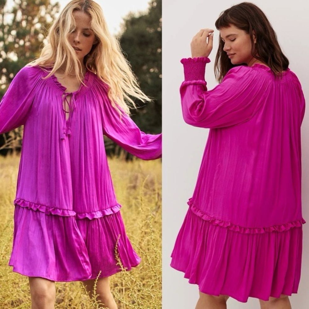 Anthropologie Fuchsia/Pink Long-Sleeve Pleated Tiered Dress
